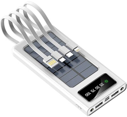 Power Bank, caricabatterie solare portatile da 30000 mAh, batteria a ricarica rapida con 3 tipi di cavo di uscita integrati e torce LED luminose per tutti i telefoni cellulari e dispositivi
