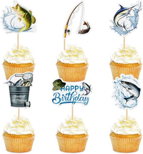 KSHGTB 36Pcs Gone Fishing Cake Topper Fish Cake Decoration Fishermen Bait Angling Boat Themed Happy Birthday Cake Decoration for Girl Boy Kids Children Birthday Party Supplies