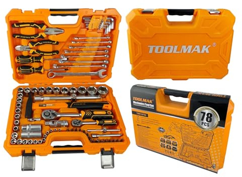TOOLMAK Set di Attrezzi Meccanici 78 Pezzi, Chiavi a Bussola 1/2” e 1/4”, Cricchetti 72T, Martello, Pinze e Cacciaviti, Chiavi Combinate, Valigetta Professionale per Auto, Casa e Fai da te TMK19792