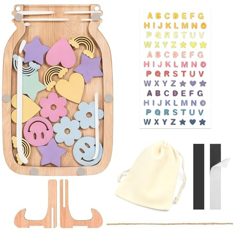 Star Reward Jar, 30Pcs Magnetic Reward Jars for Children Good Behaviour Wooden Rewards Chart with Token Storage Bag, as A Motivator for Home School Classroom Teacher Parent with Alphabet Stickers