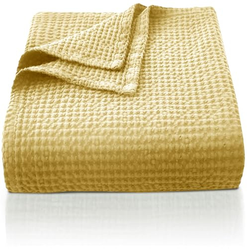 CHUFFED 100% Baumwolle Decke 150x 200 cm, Weiche und Atmungsaktive Tagesdecke, Waffelmuster Leichte Decke als Sofadecke Couchdecke, Weich Kuschelige Wohndecke Wohnzimmer, Sofa Couch Hellgelb