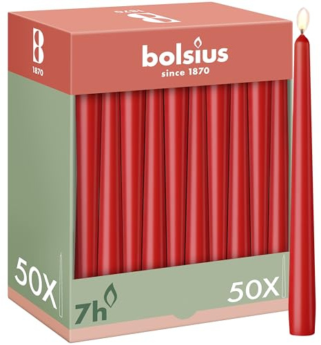 Bolsius Candele a punta liscia, colore rosso, 50 pezzi, 24,5 cm, candele decorative per la casa, durata 7 ore, non profumate, contiene cera vegetale naturale, senza olio di palma