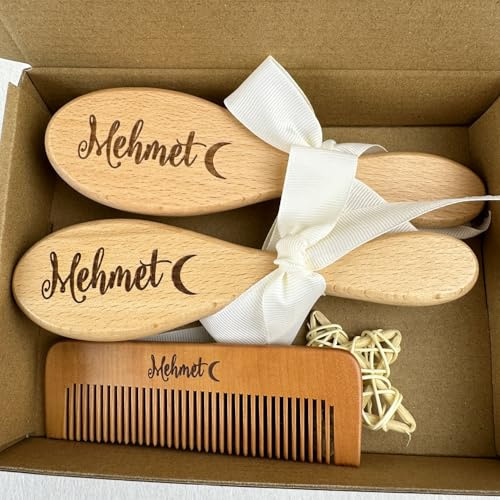 Personalisierte Babyhaarbürste Und Kamm Aus Holz, Personalisiertes Babypflege-Set Mit Gravur (Text/Name), Geschenk For Ersten Geburtstag For Mädchen(B)