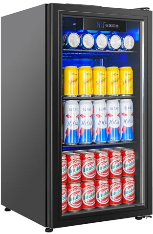 BINGERMA Under Counter Beverage Refrigerator 4.5 Cu.Ft, Glass Door Drink Fridge with Blue LED Light and Adjustable Temperature for Soda, Beer and Cans, Compact Mini Bar for Kitchen and Office