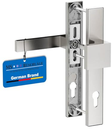 MS Beschläge Schmalrahmengarnitur 92mm Edelstahl-Optik - Türdrücker Langschildgarnitur eckig PZ Lochung - Haustür- Balkontür- Nebeneingangsbeschlag 248x37mm (Knopf/Drücker, Türstärke 87-95mm)
