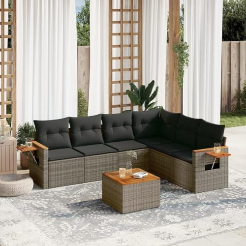 JHQHSM Set di 7 divani da giardino con cuscino grigio polyrattan, design modulare con vano portaoggetti e sacchetto impermeabile, ripiani pieghevoli, rivestimenti rimovibili, resistenti alle