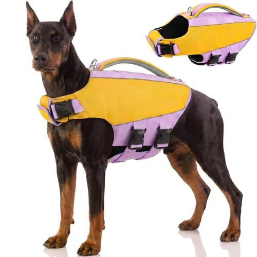 AOFITEE Schwimmweste Hund Groß, Hoher Auftrieb Hundeschwimmweste Rettungsweste Hunde mit Rettungsgriff, Verstellbar & Ripstop Hunde Schwimmweste Reflektierend Hundeweste Schwimmen für Bootfahren, Lila