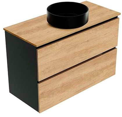 Baikal Mueble de Baño Lia Top. Mueble MONTADO. 100cm Negro - Nature. 2 Cajones Suspendido con Lavabo sobre encimera. Armario de Baño. Cierre Amortiguado. Altura 64cm