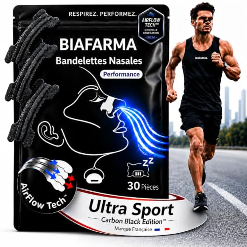 Bandelettes Nasales Sport, Bandes Nasales Noires Haut De Gamme Biafarma® – Innovation 2026 – AirFlow Tech™ – Respiration Immédiate – Adhésif GripTech™ Extra-Fort 12h Anti-Transpiration
