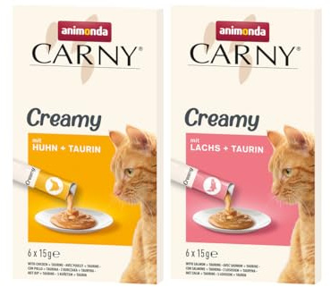 Animonda Carny Creamy Adult Mixpaket Huhn & Lachs + Taurin | 12 x 15 g Katzensnack | cremiger Schlecksnack ohne Getreide & Zucker