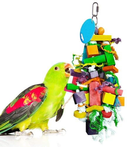 SunGrow Parrot Toy – Bird Foraging & Chew Toy with Wooden Blocks and Cotton Rope, Hanging Cage Accessory for Conures, Budgies, Parakeets & Other Small Birds