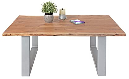 SAM Couchtisch Insa 110x75 cm Akazie Natur U-Gestell Silber | Baumkantentisch massiv, Akazienholz naturfarben, 26mm Platte, echte Baumkante, massiver Sofatisch, Metallgestell