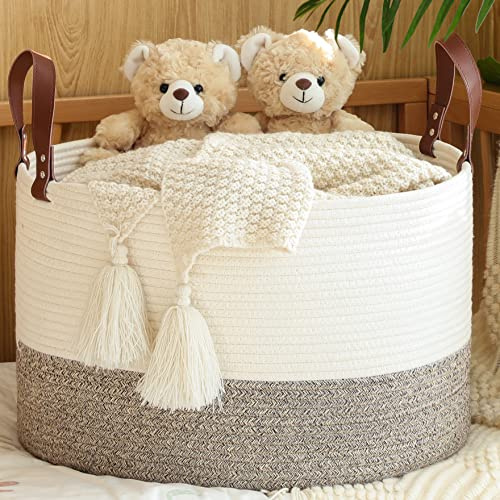 KAKAMAY Großer Aufbewahrungskorb aus Baumwollseil (50,8 x 33 cm), gewebter Baby-Wäschekorb, Deckenkorb für Kinderzimmer, Wäsche, Wohnzimmer, Kissen, Spielzeug mit Griffen (weiß/beige)