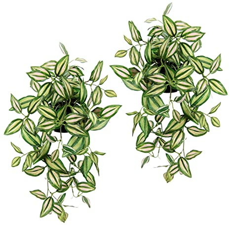 Künstlicher Tradescantiahänger mit Topf, 2er Set Kunstpflanze Tradescantia hängend Deko Hängepflanze Rankende Girlande Pflanzenampel Ampel Grünpflanze Zimmerpflanze Kletterpflanze Efeuranke Efeu