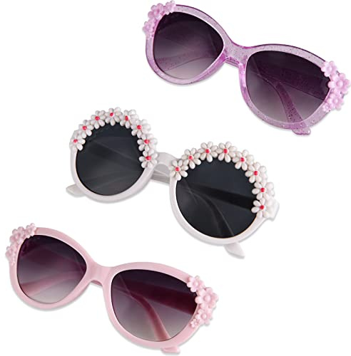 XINB LOOK 3-Pairs Gift Kids Sunglasses Girls, Cute Flower Frame Cartoon UV400 Glasses, Toddler Sunglasses for Ages 3-10