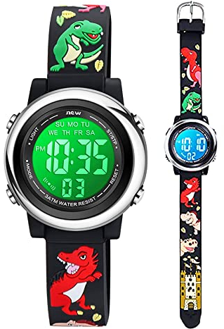 Anloo Kleinkind Kinder Digitaluhren für Mädchen Jungen,3D Cute Cartoon 7 Farblichter wasserdichte Sport Elektronische Armbanduhr mit Alarm Stoppuhr für 3-10 Jahre Kinder (Dinosaurier 2-Schwarz)