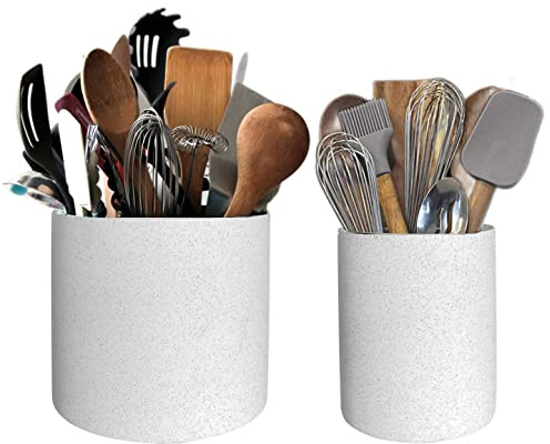 Lot de 2 porte-ustensiles en céramique renforcée Blanc avec taches noires 14 cm + 11 cm