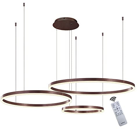 LED Pendelleuchte Modern Dimmbar Pendellampe Esstischlampe 75W 3-Ring Höhenverstellbar Hängeleuchte Braun Aluminium Acryl Kronleuchter mit fernbedienung Wohnzimmer Esszimmer Hängelampe 40+60+80cm