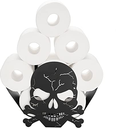 SUMNACON Schwarz Toilettenpapierhalter aus Metall WC Rollenhalter Stehend Papierhalter Toilettenrollenhalter Ohne Bohren Wandmontage Dekoration für Badezimmer Küche Totenkopfes-Muster