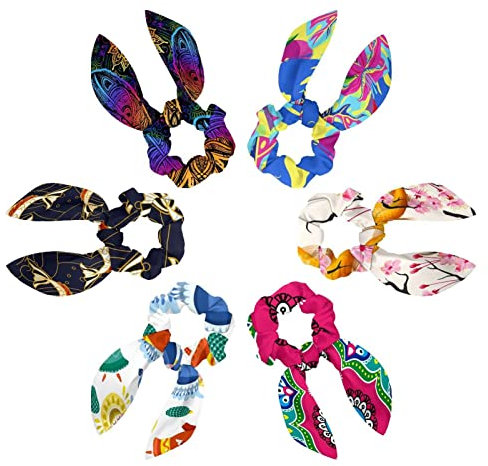 6PCS Hair Scarf Scruncheis for Women Girls, Ribbon Bow Elastic Hair Ties Bands Satin Hair Ribbon Scrunchy Ponytail Holder Accessories,Mango Flowers Palm Leaves and Elephants Tropical Pattern