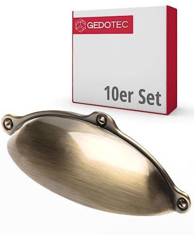 Gedotec Möbelgriffe aus Metall | 10 Stück Muschelgriff - Messing antik inkl. Befestigungsmaterial | ALEXANDRIA | 99,5 x 30 mm BA: 64 mm | Türgriffe für Schränke Griffe für Küchenschränke Griffe Möbel