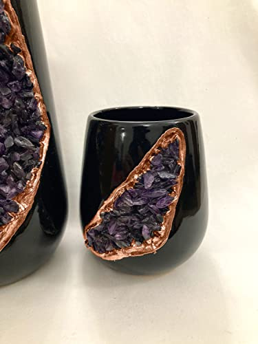 Black and Gold Ceramic Vase/Planter/Pot/Wine Goblet/Mug with Amethyst Semi - Precious Agate Crystal Gemstones |Large(Height 8 inch), (Rose Gold - Finish)