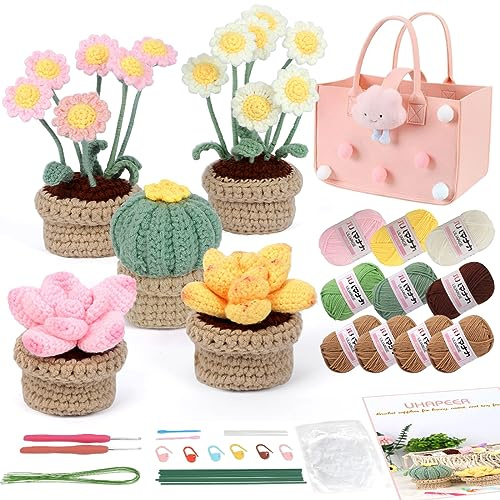 Beginner Crochet Kit, 5 Pcs Potted Plants, for Beginners Adults Kids | Crochet Kit with Step-by-Step Instruction and Video Tutorials, Crochet Knitting Starter Kit
