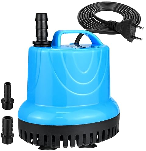 10W 600L/H Mini Wasserpumpe, Aquariumpumpe Springbrunnenpumpe Klein Tauchpumpe, Ultra Leise Aquarium Pumpe Förderpumpe mit 2 Düse für Teiche, Aquarium, Garten, Brunnen (Blau)