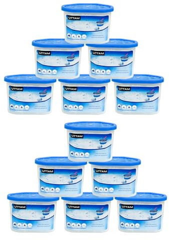 UTTAM 500ml Dehumidifiers - Moisture Absorber and Condensation Remover for Home, Kitchen, Wardrobe, Bedroom, Caravan, Office, Bathroom, Basement - Combats Damp, Mold, and Moisture (Pack of 12)