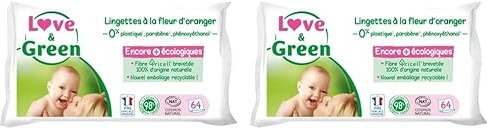 Love & Green Lingettes à la Fleur d'Oranger Saines et Ecologiques - Paquet de 64 Lingettes - Certifiée Cosmo Natural par ECOCERT et FSC - Emballage recyclable (Lot de 2)