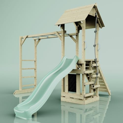 Rebo Spielturm mit Wellenrutsche aus Holz | Outdoor Klettergerüst mit Hangelstangen, Plattform und Kletterseil