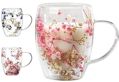 Sollee 3pack Doppelwandiger Glas-Kaffeebecher mit Blumen Getrocknete Blumen Isolierter Glas-Kaffeebecher Blumen Kaffeebecher Geschenke für Freunde Blumenliebhaber