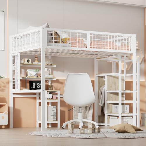 Hochbett 140x200 mit Treppe, Kinderbett Etagenbett Funktionsbett Stauraumbett mit Computertisch, Regal und Schrank, Jugendbett, Stockbett für 2 Kinder, Rausfallschutz Bett, Bettgestell Metall, Weiß