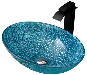 Boyuan Badezimmer waschbecken, ovales Kunst-Aufsatzwaschbecken mit schwarzem Wasserhahn, Pop-up-Ablaufgarnitur, Kalt- und Warmwasserschläuche, moderne Aufsatzwaschbecken aus Glas