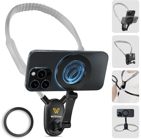 Neck Phone Holder for Recording – 700mm Extended Neck for Comfort, Hands-Free POV/Vlog Magnetic Neck Mount with Anti-Shake Chest Strap for Stable Filming – Compatible with iPhone, Android, and GoPro