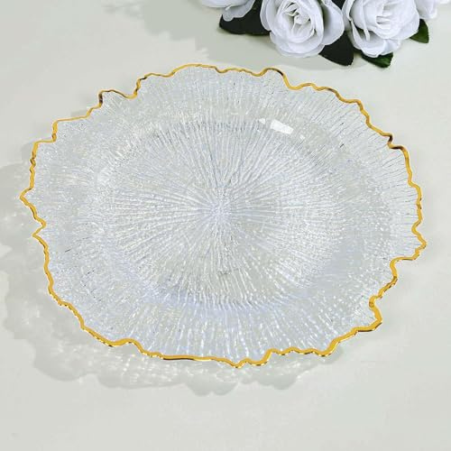 LMYTAGCP Elegante Platzteller aus Acryl mit goldenem Rand, 33 cm, Korallenriffe, Blumenmuster, 6 Stück, perfekt für Hochzeiten, Veranstaltungen und besondere Anlässe (Korallenriffe, goldfarben)
