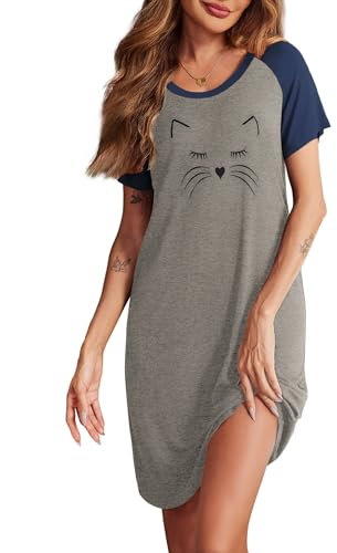 Ekouaer Dam nattlinne tryck kortärmad nattkläder skuren neglige mjuk sovskjorta lösa nattlinnen S-XXXL, Kattungar blå, L