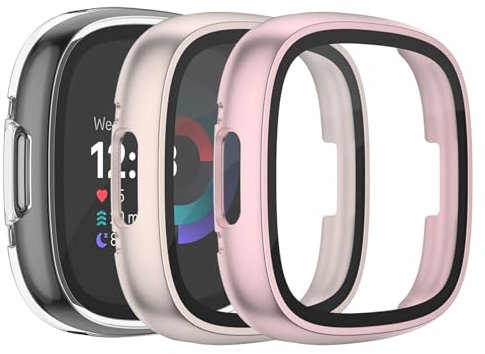 Vancle 3Stück Schutzfolie für Fitbit Versa 4 Hülle/Sense 2 Schutzhülle,Vollständige Abdeckung Schutzfolie Hard PC Schutz Displayschutz Folie Gehäuse für Sense 2(Roségold/Transparent/Starlight)