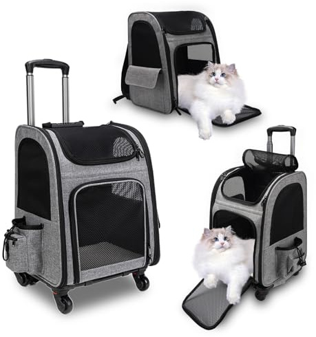 Sac de transport pour chat à roulettes 360° Cage avec poches et fenêtre en filet 34 x 29 x 43 cm