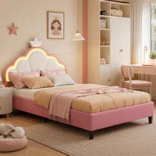 KeepGoon Polsterbett 90x200,Kronen-Kinderbett,Einzelbett,LED Bett für Mädchen mit Lattenrost und Rückenlehne, Bettgestell mit Verstellbares Kopfteil,Samtkronenbett,Flaches Bett,rosa+weiße