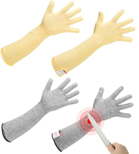 sourcing map Lot de 2 manchons résistants aux coupures avec gants, 52 cm, manchons de protection pour le travail, la cuisine, la soudure, l'agriculture, jaune-gris