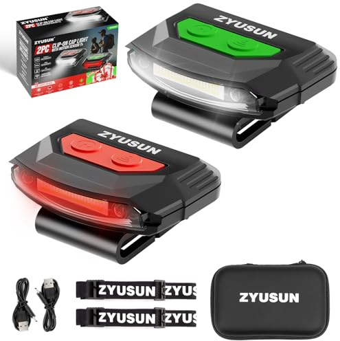 Zyusun 2-Pack Rechargeable Cap Light,Portable headlamps,Clip on Hat with Motion Sensor,Lightweight IPX4 Waterproof,White/Red/Green Night Vision LED Lights for Hunting Fishing Camping Hiking Cycling