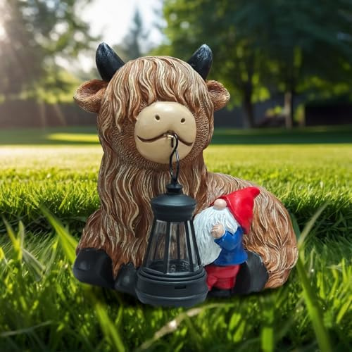 lifemet Solar Hochlandkuh Gartenfigur mit Laterne, Lustige Gartendeko | Hochlandkuh Design Mit Solarlicht Und Laterne | Wetterfeste Gartendeko Für Garten, Terrasse Und Balkon | Geschenk Für Mama