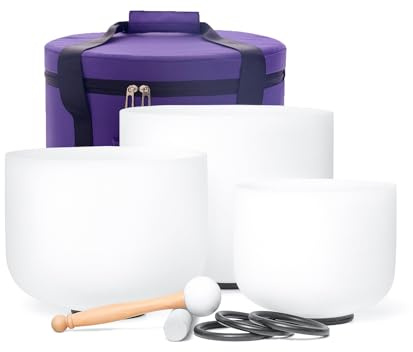 Hye-eun 432hz Kristall Klangschalen Set 3 stück klangschale aus quarzkristall für Klangheilung,mit Tragetaschen,Crystal Singing Bowl Set (8B 10G 12E 432hz 3 Pcs)