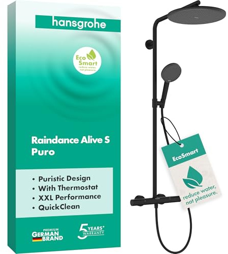 hansgrohe Raindance Alive S Puro - vattenbesparande Duschsystem (EcoSmart) med termostat, Regndusch (300 mm), Duschset med handdusch, duschslang, duschstång och rund huvuddusch, matt svart, 24593670