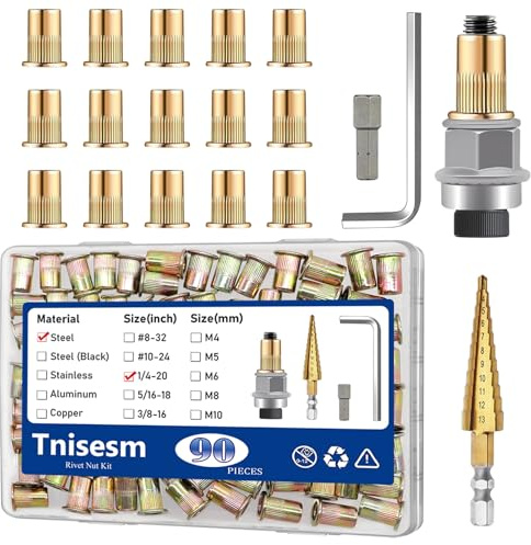 Tnisesm 90Pcs 1/4 Rivet Rivet Nut Installation Tool Set, 1/4-20 Carbon Steel Zinc Flat Head Riveter Nutsert Tool Kit