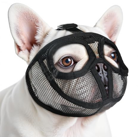 Maulkorb für französische Bulldogge, mit offenem Augenloch, atmungsaktiv, kurze Schnauze, Maulkorb für englische Bulldogge, Mops, Pekinese, um Beißen zu verhindern (S, Schwarz)