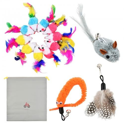 Rylae 13 Stück Katzenangel Ersatzfedern und Aufbewahrungstasche, Katzenspielzeug Bunte Federn Zubehör, Interaktives Katzen Spielzeug mit Glöckchen, Katze Wurm Teaser für Katzenspielzeug