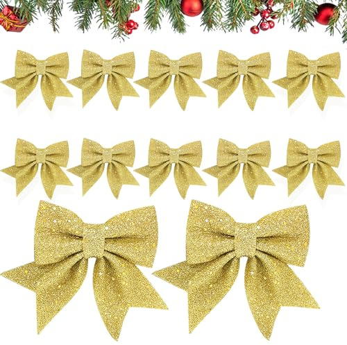 YIGOOWN 12 Stück Weihnachtsschleifen, Schleifen Weihnachtsbaum Deko Glitzer Baumschmuck Weihnachten Weihnachtsbaumschmuck Weihnachtsdeko Innen für Weihnachtskranz Tannenbaum Geschenke Deko (Gold)