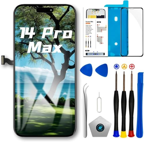 Dinow Écran pour iPhone 14 ProMax LCD 6,7'' FHD Remplacement d'écran 3D Touch Digitizer Assembly et Kit de Réparation et Protecteur D'écran (Complet pour Les Modèles A2894, A2651, A2893, A2896, A2895)